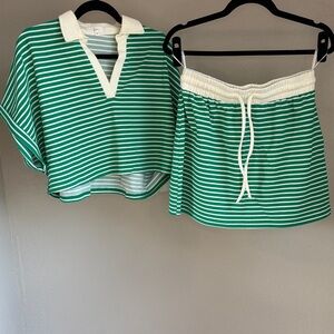Green & White Oversized Striped Polo Top and Skirt Lounge Set